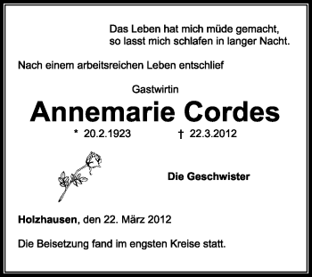 Todesanzeige von Annemarie Cordes von KREISZEITUNG SYKE
