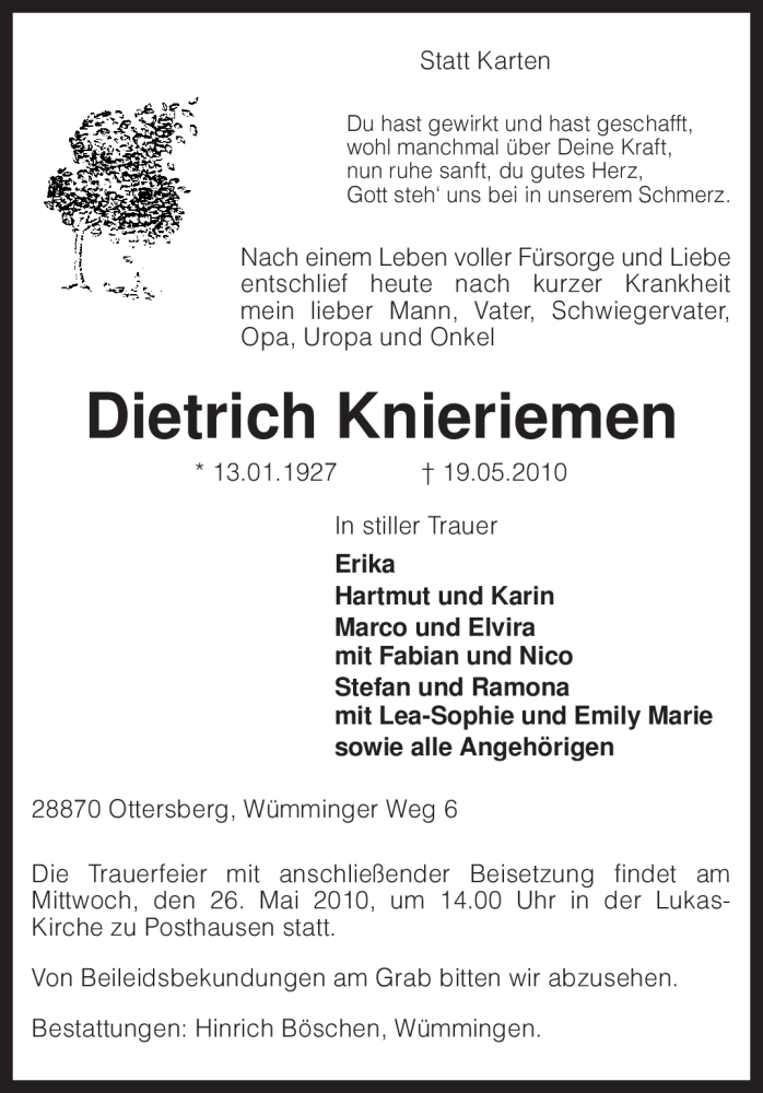  Traueranzeige für Dietrich Knieriemen vom 21.05.2010 aus KREISZEITUNG SYKE