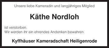 Todesanzeige von Käthe Nordloh von KREISZEITUNG SYKE