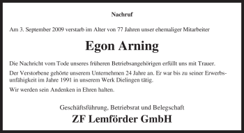 Todesanzeige von Egon Arning von KREISZEITUNG SYKE
