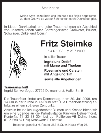 Todesanzeige von Fritz Steimke von KREISZEITUNG SYKE