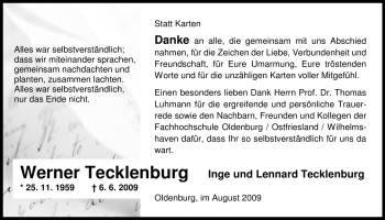 Todesanzeige von Werner Tecklenburg von KREISZEITUNG SYKE