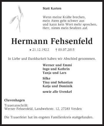 Todesanzeige von Hermann Fehsenfeld von KRZ