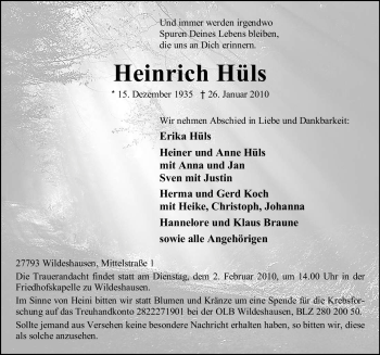 Todesanzeige von Heinrich Hüls 