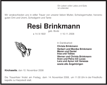 Todesanzeige von Resi Brinkmann von KREISZEITUNG SYKE