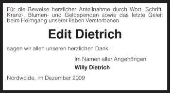 Todesanzeige von Edit Dietrich von KREISZEITUNG SYKE