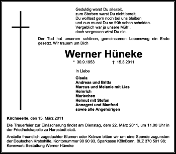 Todesanzeige von Werner Hüneke von KREISZEITUNG SYKE