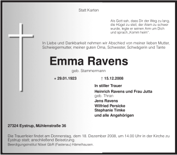 Todesanzeige von Emma Ravens von KREISZEITUNG SYKE