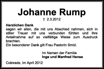 Todesanzeige von Johanne Rump von KREISZEITUNG SYKE