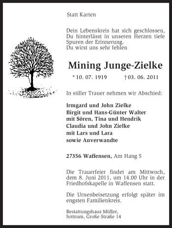 Todesanzeige von Mining Junge-Zielke von KREISZEITUNG SYKE
