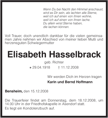 Todesanzeige von Elisabeth Hasselbrack von KREISZEITUNG SYKE