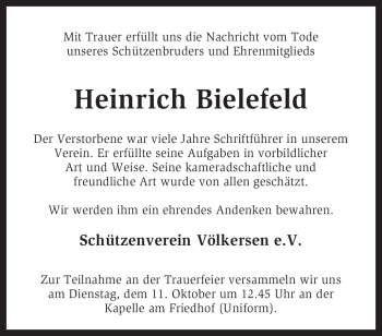 Todesanzeige von Heinrich Bielefeld von KREISZEITUNG SYKE