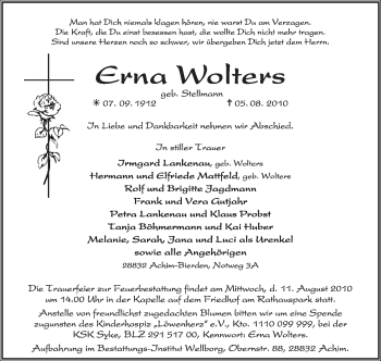 Todesanzeige von Erna Wolters von KREISZEITUNG SYKE