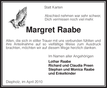 Todesanzeige von Margret Raabe von KREISZEITUNG SYKE