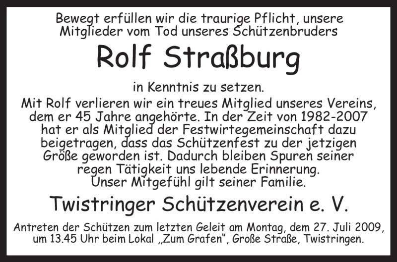  Traueranzeige für Rolf Straßburg vom 23.07.2009 aus KREISZEITUNG SYKE