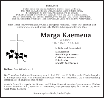 Todesanzeige von Marga Kaemena von KREISZEITUNG SYKE