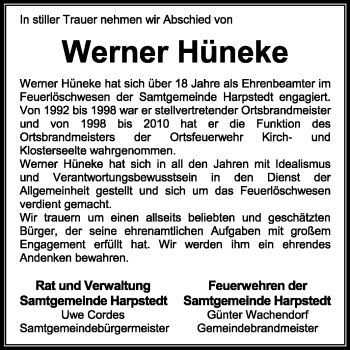 Todesanzeige von Werner Hüneke von KREISZEITUNG SYKE
