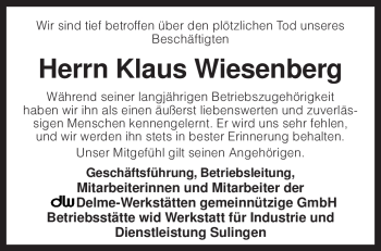 Todesanzeige von Klaus Wiesenberg von KREISZEITUNG SYKE