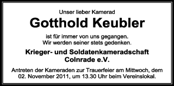 Todesanzeige von Gotthold Keubler von KREISZEITUNG SYKE