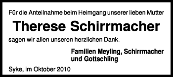 Todesanzeige von Therese Schirrmacher von KREISZEITUNG SYKE