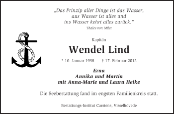 Todesanzeige von Wendel Lind von KREISZEITUNG SYKE