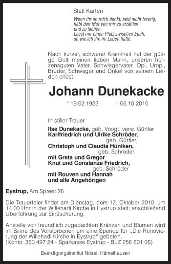 Todesanzeige von Johann Dunekacke von KREISZEITUNG SYKE