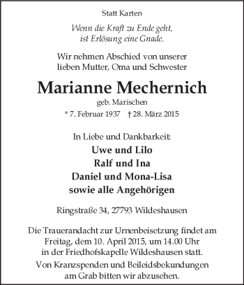 Todesanzeige von Marianne Mechernich von KRZ