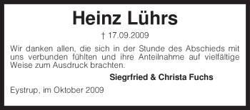 Todesanzeige von Heinz Lührs von KREISZEITUNG SYKE