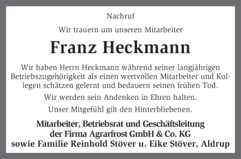Todesanzeige von Franz Heckmann von KREISZEITUNG SYKE