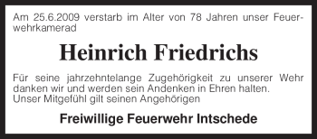 Todesanzeige von Heinrich Friedrichs von KREISZEITUNG SYKE