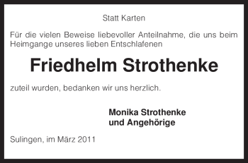 Todesanzeige von Friedhelm Strothenke von KREISZEITUNG SYKE