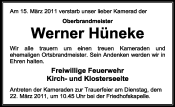 Todesanzeige von Werner Hüneke von KREISZEITUNG SYKE