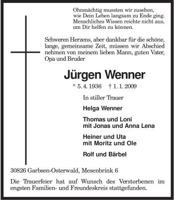 Todesanzeige von Jürgen Wenner von KREISZEITUNG SYKE