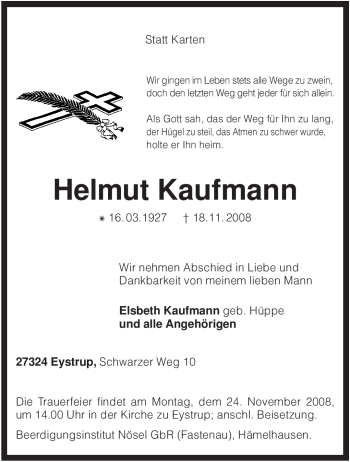 Todesanzeige von Helmut Kaufmann von KREISZEITUNG SYKE