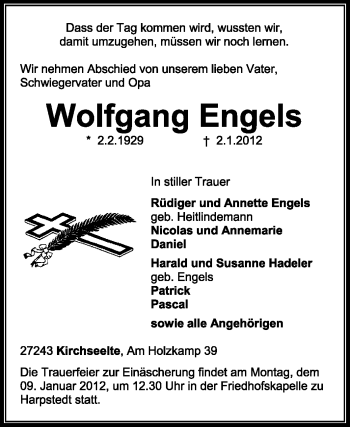 Todesanzeige von Wolfgang Engels von KREISZEITUNG SYKE
