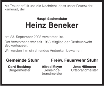 Todesanzeige von Heinz Beneker von KREISZEITUNG SYKE