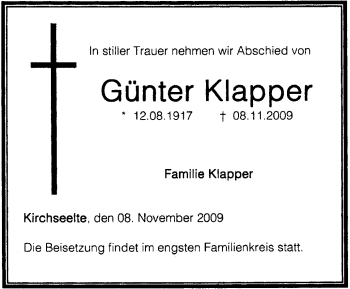 Todesanzeige von Günter Klapper von KREISZEITUNG SYKE