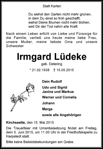 Todesanzeige von Irmgard Lüdeke von KRZ