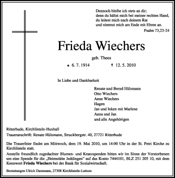 Todesanzeige von Frieda Wiechers von KREISZEITUNG SYKE