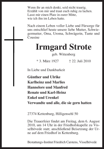 Todesanzeige von Irmgard Strote von KREISZEITUNG SYKE