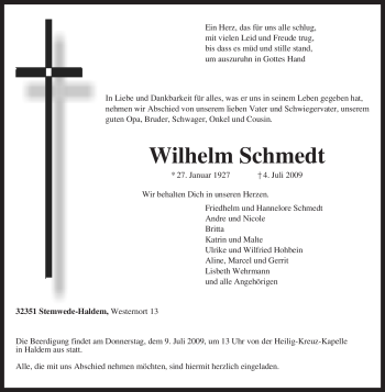 Todesanzeige von Wilhelm Schmedt von KREISZEITUNG SYKE