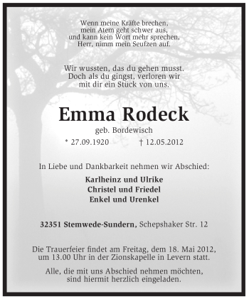 Todesanzeige von Emma Rodeck von KREISZEITUNG SYKE