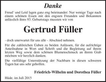 Todesanzeige von Gertrud Füller von KRZ
