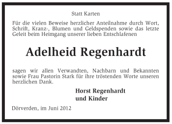 Todesanzeige von Adelheid Regenhardt von KREISZEITUNG SYKE