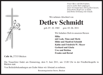 Todesanzeige von Detlev Schmidt von KREISZEITUNG SYKE