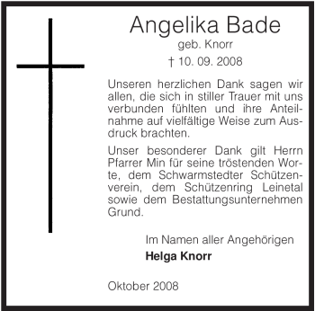 Todesanzeige von Angelika Bade von KREISZEITUNG SYKE