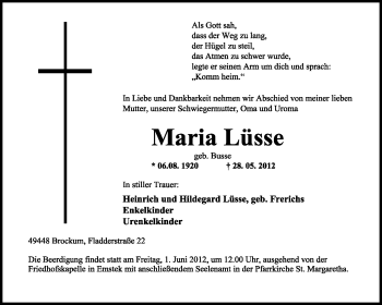 Todesanzeige von Maria Lüsse von KREISZEITUNG SYKE