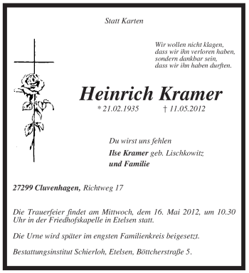 Todesanzeige von Heinrich Kramer von KREISZEITUNG SYKE