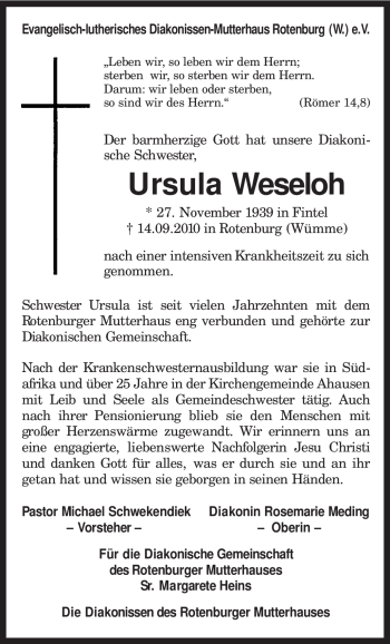 Todesanzeige von Ursula Weseloh von KREISZEITUNG SYKE