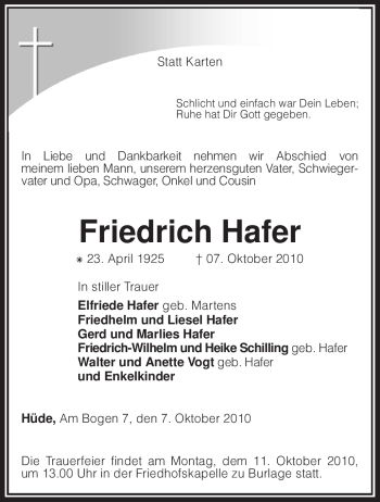 Todesanzeige von Friedrich Hafer von KREISZEITUNG SYKE
